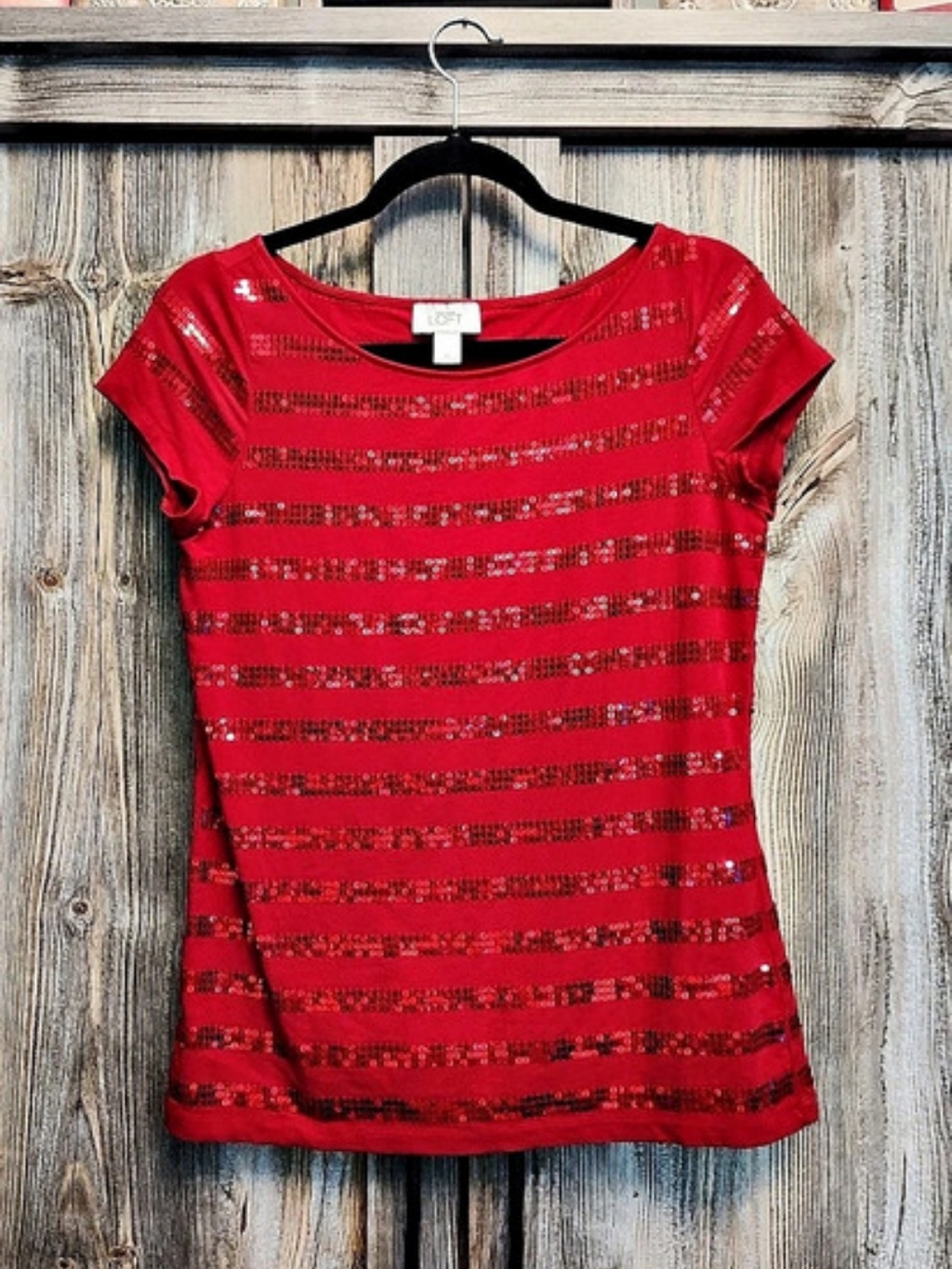 Loft Sequin Stripe Top in Red Size Medium Like New